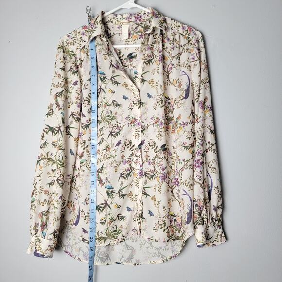 Bird Butterfly Floral Button Down Blouse 2 Long Sleeve Cottagecore Garden Top - Picture 4 of 10